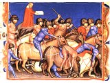 Victory of the Israelites over the Philistines near Bethcar - from a 14th century illuminated Bible